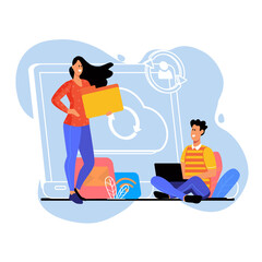 Aufkleber - Blue concept Cloud storage with people scene in the flat cartoon design. Two employees upload various folders and files to a shared cloud storage on the Internet.