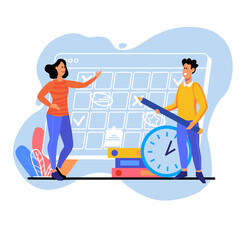 Poster - Blue concept Business daily planning with people scene in the flat cartoon style. Two business employees compare plans for the day and think about what needs to be done first.