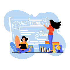 Aufkleber - Blue concept HTML programming with people scene in the flat cartoon design. Two programmers write a code for design of web site.