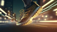 Close-up Of Black And Gold Runner's Shoe At Night, Generative Ai