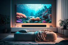 Elegant Living Room With Big Tv. Interior Design. Generative Ai.