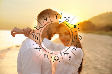 Horoscope compatibility. Loving couple on beach at sunset and zodiac wheel