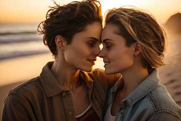 A young caucasian lesbian couple hugging and embracing each other in an intimate moment on the beach at sunset or sunrise, golden hour, inclusiveness, love is love