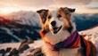 A dog with disability wear syal smiling to the camera in snowy mountain, Generative AI