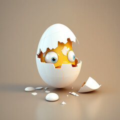 Poster - Cute egg with broken shell and creation 3d character. Cartoon egg with big eyes. 3d render illustration. Generative AI art. The concept of a healthy breakfast for children, omelet and scrambled eggs.