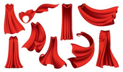 Superhero red cape in different positions, front and side view. Scarlet fabric silk cloak. Mantle costume or cover cartoon  set