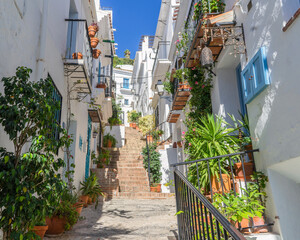 Street of white houses with flowers and flowerpots in the village of Frigiliana. Costa del sol. Malaga. Spain