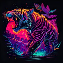 Colorful Neon Abstract Artwork Illustration Of A Tiger Growling In The Jungle