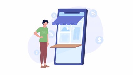 Poster - Animated online shopping. Paying for clothes with discounts over internet. 2D cartoon flat character 4K video footage on white with alpha channel transparency. Concept animation for web design