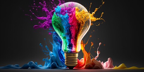 Wall Mural - a colorful glowing idea bulb lamp, visualization of brainstorming, bright idea and creative thinking