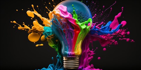 Wall Mural - a colorful glowing idea bulb lamp, visualization of brainstorming, bright idea and creative thinking