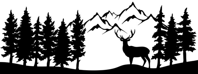 Wall Mural - Black silhouette of wild deer and forest fir trees mountains camping wildlife adventure landscape panorama illustration icon vector for logo, isolated on white background