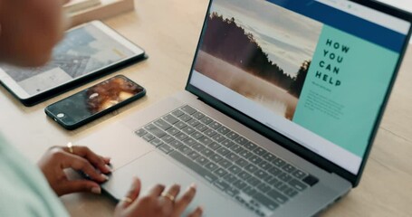 laptop woman, environment change and online website article on global warming, future world care and