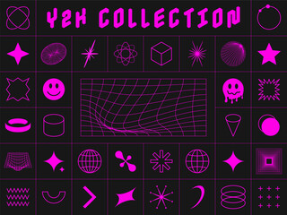 Leinwandbilder - Y2K style symbols and design elements. Collection of abstract and geometric acid design elements in Y2K style. Retro and futuristic shapes and meshes, icons and symbols. Vector