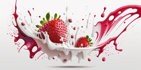 a bowl of milk or yogurt topped with strawberries isolated on a white background, generative ai