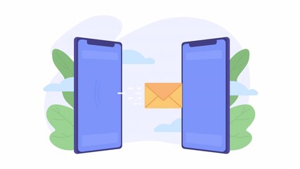 Poster - Animated message loader. Sending text to another cell phone. Flat 2D scene 4K video footage. Color isolated loading progress animation with alpha channel transparency for website, social media