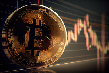 Wall Mural - Bitcoin gold coin and defocused chart background.