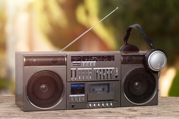 Sticker - Old retro black Tape Player on desk