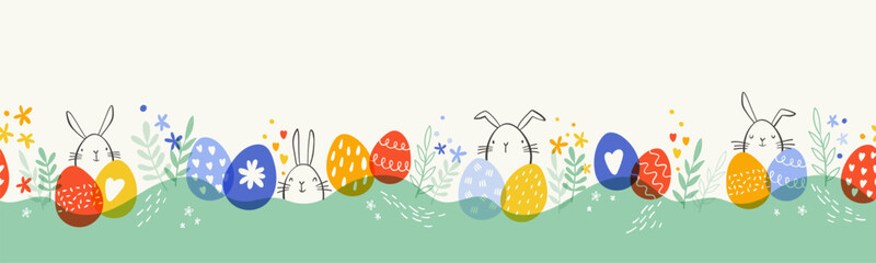 cute hand drawn easter seamless pattern with bunnies, flowers, easter eggs, beautiful background, gr
