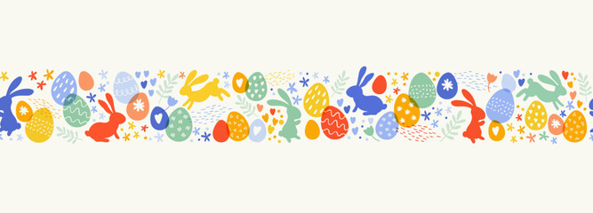 Wall Mural - Cute hand drawn Easter seamless pattern with bunnies, flowers, easter eggs, beautiful background, great for Easter Cards, banner, textiles, wallpapers - vector design