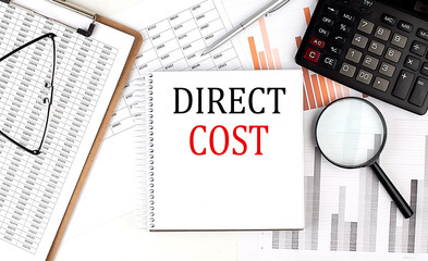 Poster - DIRECT COSTS text on notebook with clipboard and calculator on a chart background