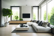 Habitación moderna elegante minimalista con grandes ventanales luminosos, amueblada con sofá mesa y televisión, y decorada con plantas. Generative ai.
