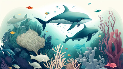 background of beautiful coral reef with marine tropical fish. Whale shark, Hammerhead shark, Zebra shark and sea turtle