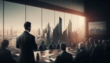 An executive giving a presentation to a group of investors in a boardroom with a panoramic city view in the background generative AI