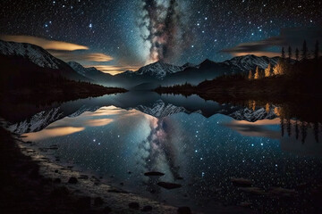 Wall Mural - sunset in the mountains over the lake