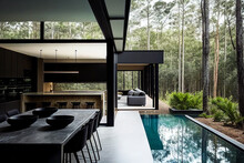 Modern Outdoor Swimming Pool Area With Large Forest And Elvish Details Building, Modern Alien Minimal Kitchen, Clean Lines, Wood. Generative AI.