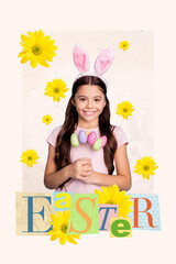 Wall Mural - Magazine creative picture postcard collage of young kid girl rabbit character holding delicious easter sweets