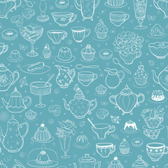 Seamless pattern with tea party in English style. Tea cups, teapots, bakery, flowers on mint background. Can be used for wallpaper, pattern fills, textile, web page background, surface textures.