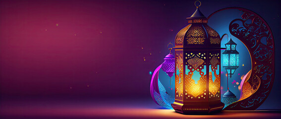 Ramadan Kareem greeting card. Arabic lanterns with glowing lights. Generative Ai.