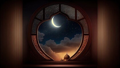 Mystical window with crescent moon in night sky. generative Ai