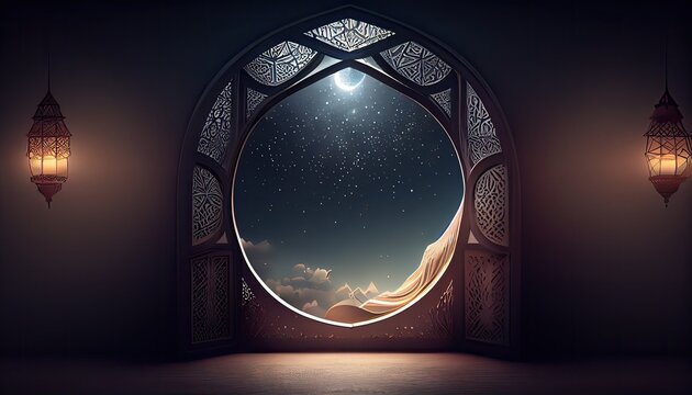 mystical window with crescent moon in night sky. generative ai