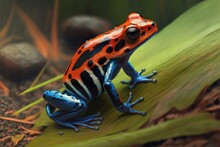 Generative AI Illustration Of Bright Red And Blue Frog With Black Spots Sitting On Green Leaf Against Blurred Background