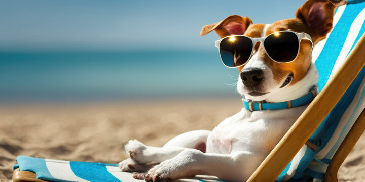 jack russell terrier dog with sunglasses sunbathing on sun lounger. summer and vacation concepts. ge