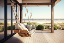 Luxury House Veranda With Hanging Swing And Beach View. Generative Ai