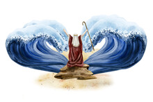 Watercolor Exodus With Moses From Passover Haggadah, Bible Story About Separating Red Sea, Jewish History Illustration