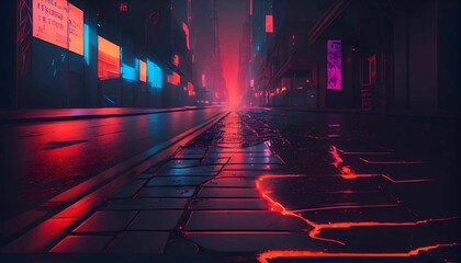 Wall Mural - Surreal cyberpunk city pavement at dusk red neon lights pavement. Generative AI.