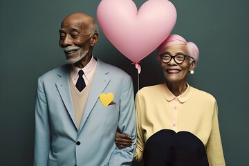 A married couple of pensioners who are happy in love and have a matching outfit of pastel colors. Love that lasts forever. Grandparents holding a heart shaped balloon. Generative AI.