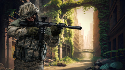 Art of military soldier dressed in uniform armed with rifle in futuristic destroyed town.