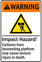 Wall Mural - Overhead crane hazard sign and labels collision from descending platform may cause serious injury or death