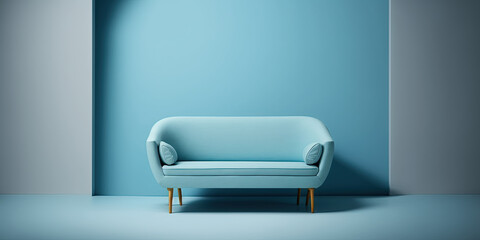 Minimalist sofa on light blue background. Generative AI.