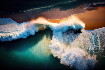 Wall Mural - Waves crashing on the beach, warm evening light, reflections of light in the waves, aerial view from a drone. AI