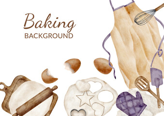 Watercolor baking background. Cooking utensils isolated on white. Hand drawn apron, rolling pin, oven mitt, whisk, spatula, dough, eggs. Kitchen tools flat lay illustration. Bakery banner, frame