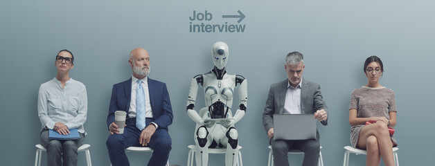 business people and humanoid robot waiting for a job interview