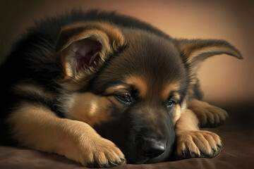 Wall Mural - German shepherd puppy sleeping, close up. Baby dog portrait. Generative AI