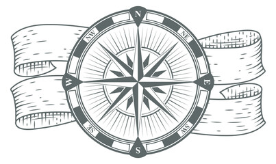 Sticker - Marine compass drawing. Vintage nautical travel device