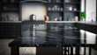 Modern empty black marble table top, kitchen bokeh background, Generative AI